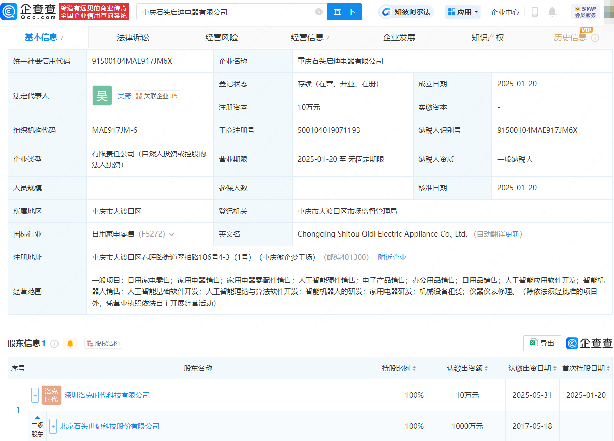 石頭科技布局新領域，新設電器公司涉足智能機器人銷售:電器銷售公司